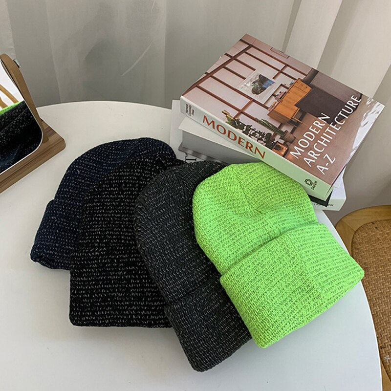 Warm Women's Reflective Beanie Hat Black Grey Winter Autumn Knitted Hat Winter Cap Women's Hats Women's Hat