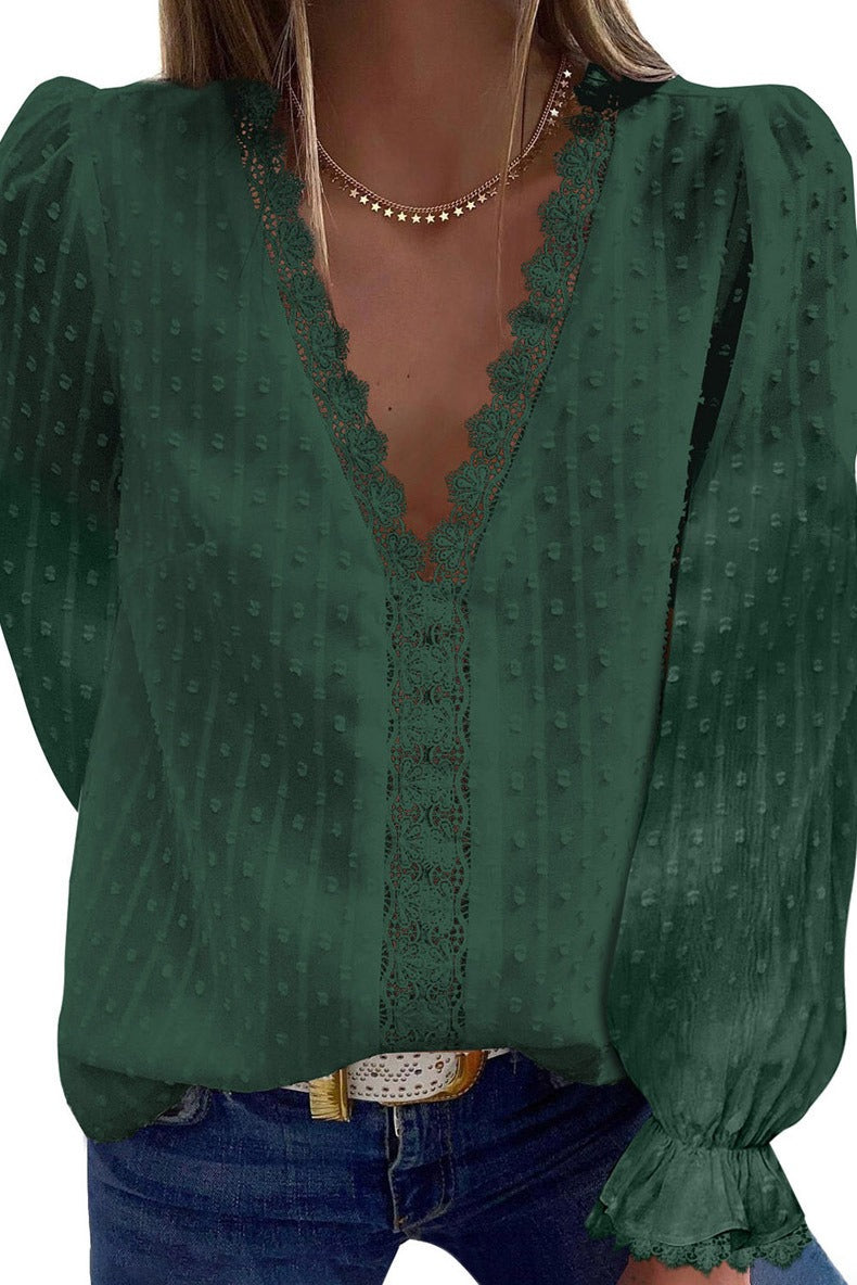 European and American Womens Solid Color V Neck Lace Embroidery Lace Long Sleeved Chiffon Shirt Solid Color Top for Women