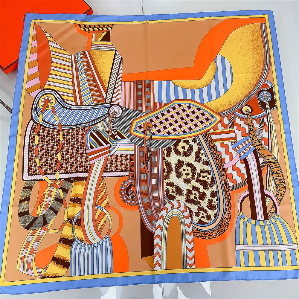 Saddle Print Twill Silk Scarf Women 90CM Square Scarves Wraps Shawl Handmade Curled Silk Head Scarf