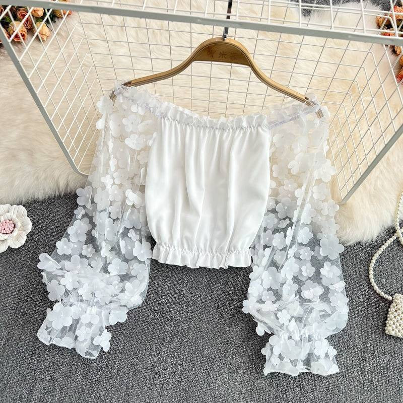 Off Shoulder Three Dimensional Flower Perspective Mesh Patchwork Chiffon Shirt for Womens Loose Waist Short Off Shoulder Top