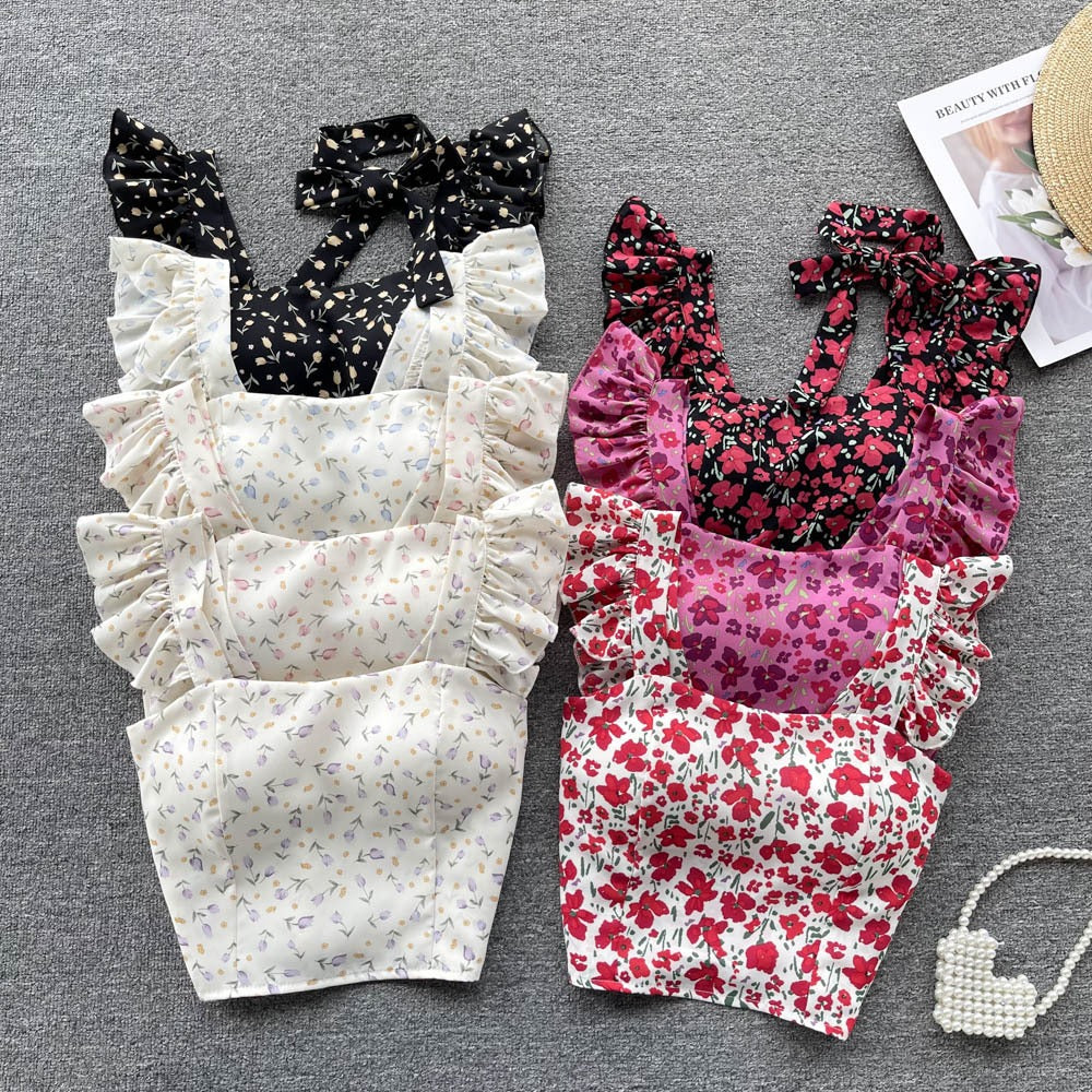 Summer Fresh Slim Fit Short Versatile Holiday Style Strap Top for Womens Unique Sexy Spicy Girls Small Shirt with Chest Pads
