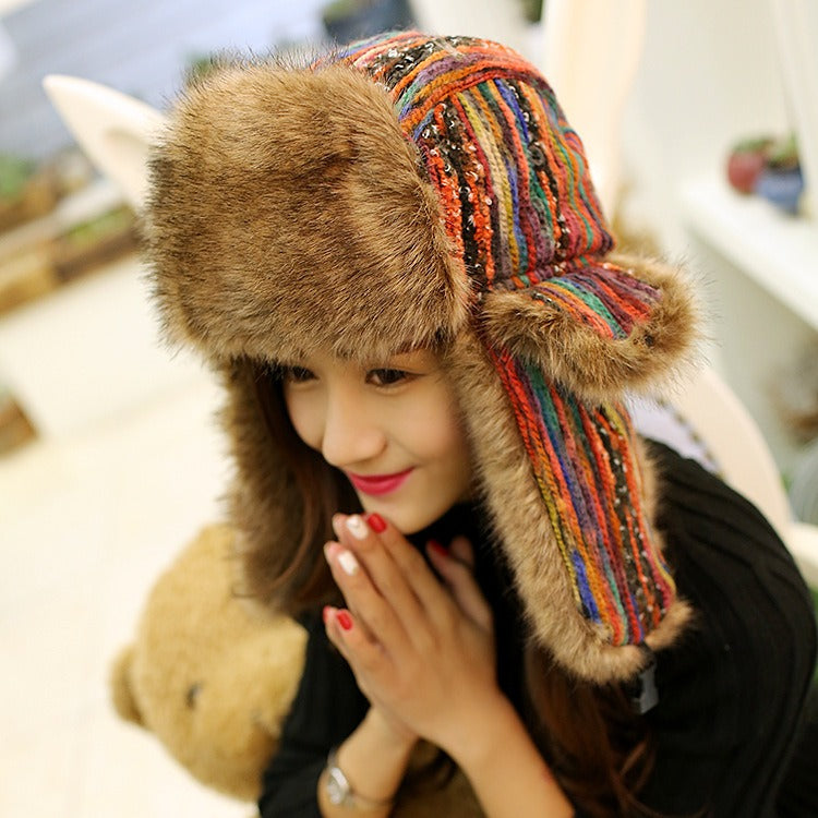 Russian Ushanka Hats With Earflap Women Colorful Bomber Hats Ladies Windproof Snow Thicker Warm Winter Fur Caps
