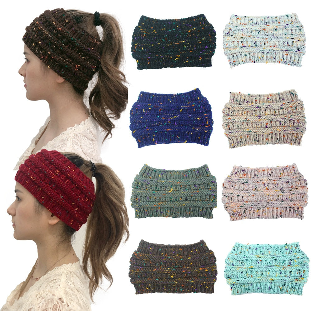 New Ponytail Beanie Women Stretch Knitted Crochet Beanies Winter Hats For Women Hats Cap Warm Lady Messy Bun Wholesale