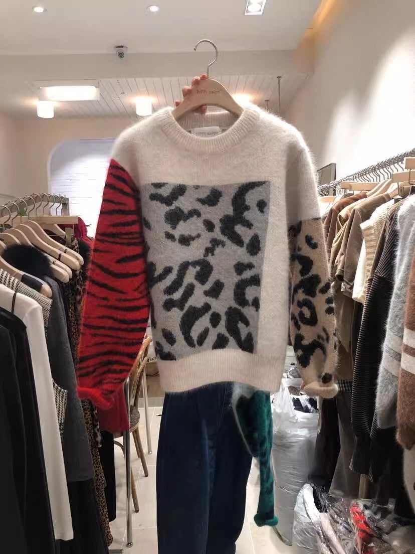Women Sweaters  New Sueter  Patchwork Mohair Female Sweater Leopard Print O-Neck Pullovers