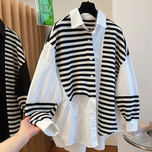 Women Clothing Patchwork Fake Two Sweatshirts Contrast Color Striped Casual Y2k Tops Fashion Korean Oversized Hoodies