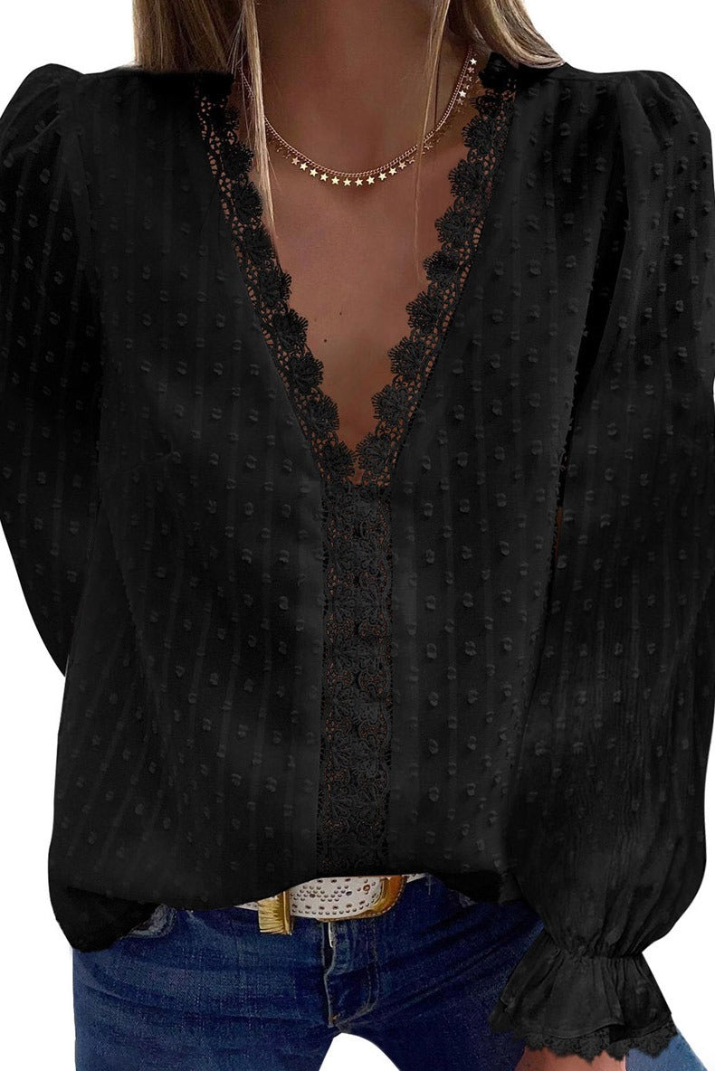 European and American Womens Solid Color V Neck Lace Embroidery Lace Long Sleeved Chiffon Shirt Solid Color Top for Women