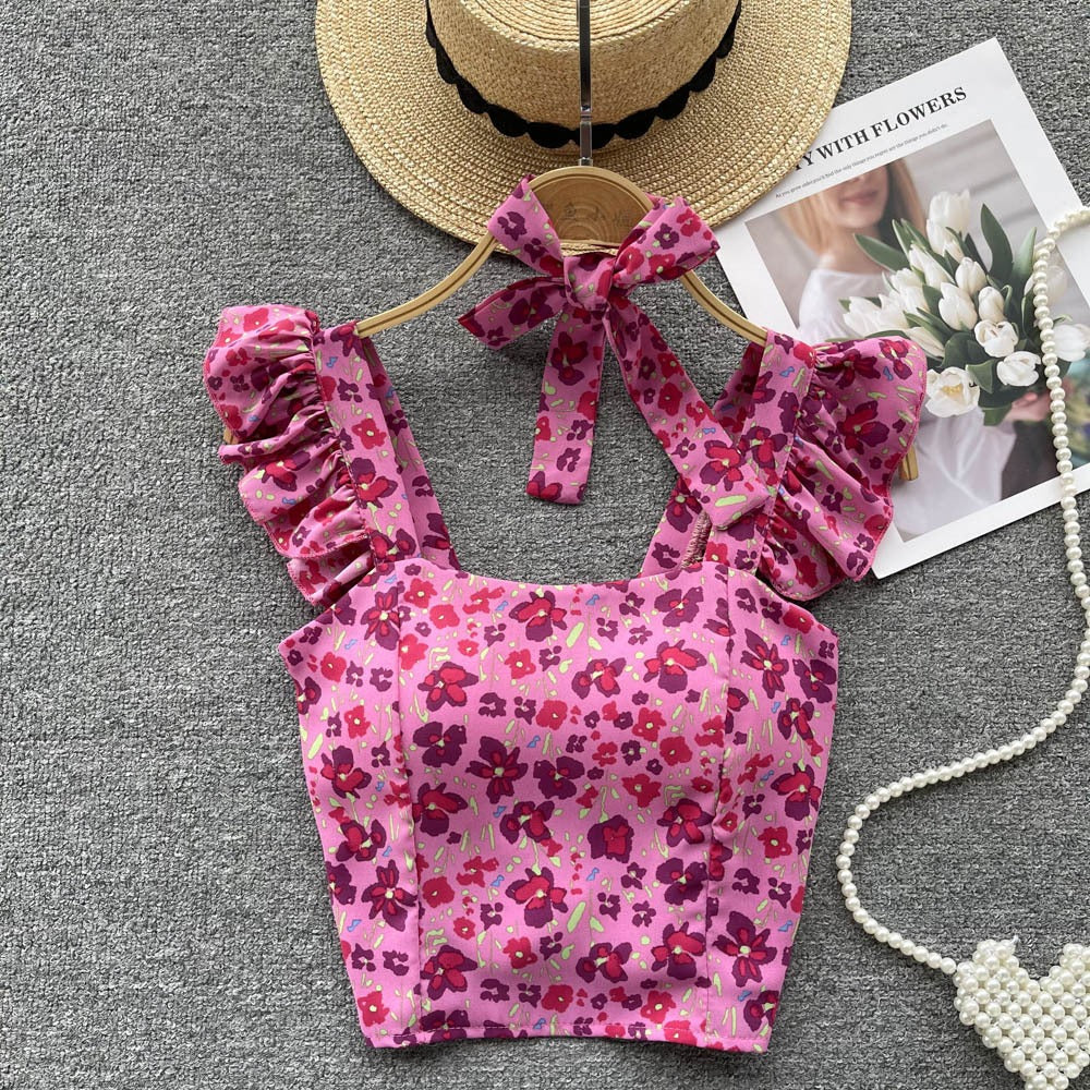 Summer Fresh Slim Fit Short Versatile Holiday Style Strap Top for Womens Unique Sexy Spicy Girls Small Shirt with Chest Pads