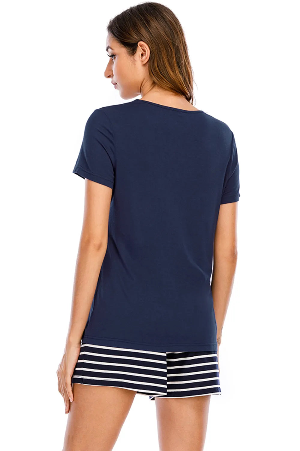 Ensemble de pyjama pour femme - Haut imprimé col rond et short rayé