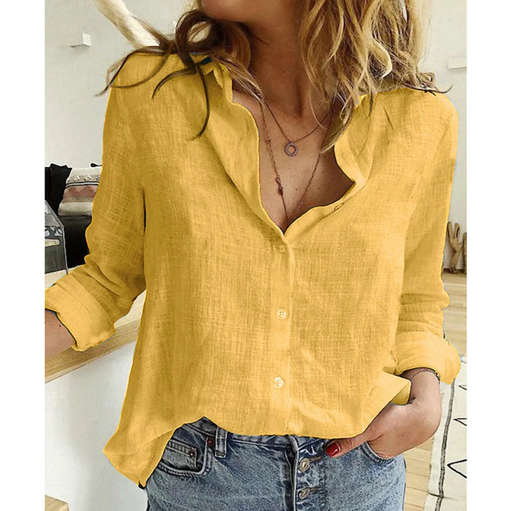 Women’s Cotton-Linen Oversized Button-Up Long-Sleeve Blouse