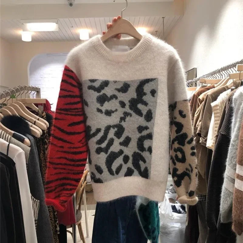 Women Sweaters  New Sueter  Patchwork Mohair Female Sweater Leopard Print O-Neck Pullovers