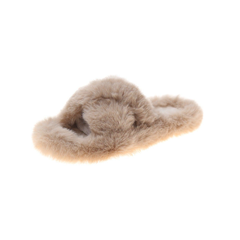 Autumn And Winter Internet Celebrity Slippers To Wear Warm Plus Size Cross Hair Slippers Women's Shoes