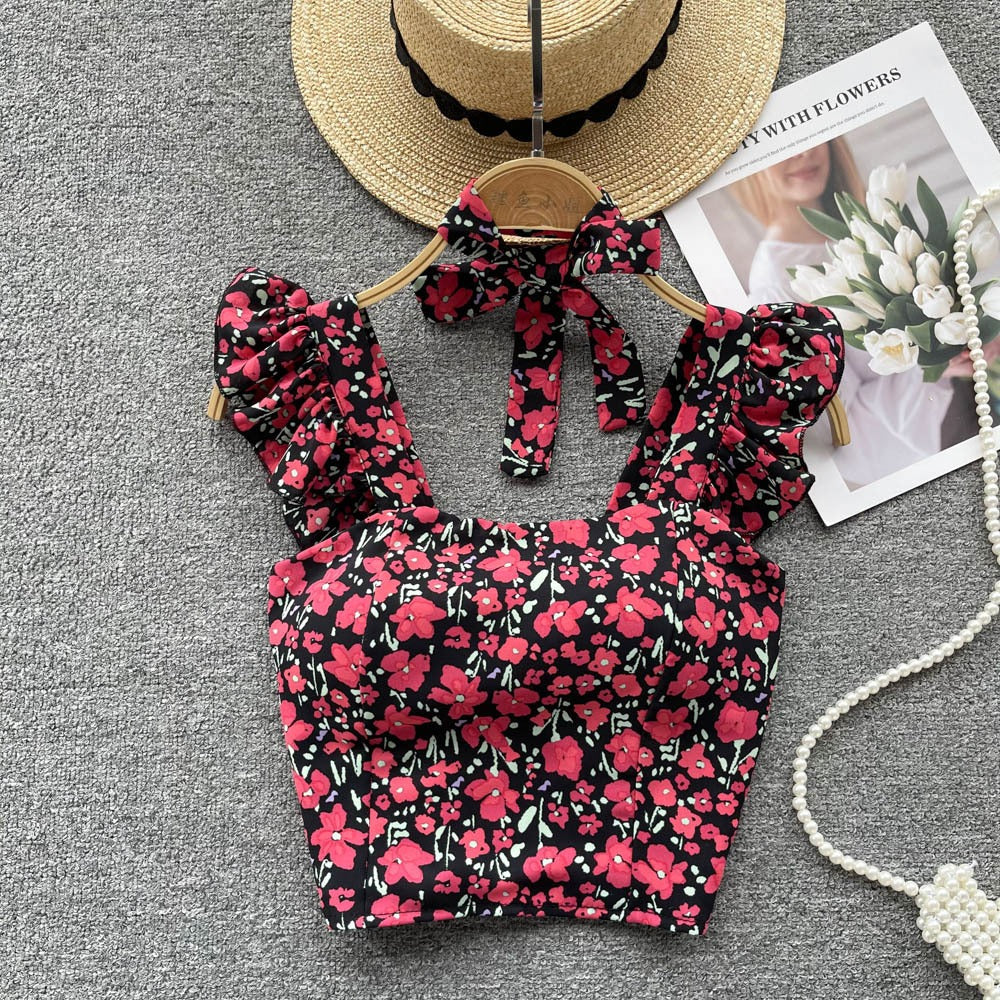 Summer Fresh Slim Fit Short Versatile Holiday Style Strap Top for Womens Unique Sexy Spicy Girls Small Shirt with Chest Pads