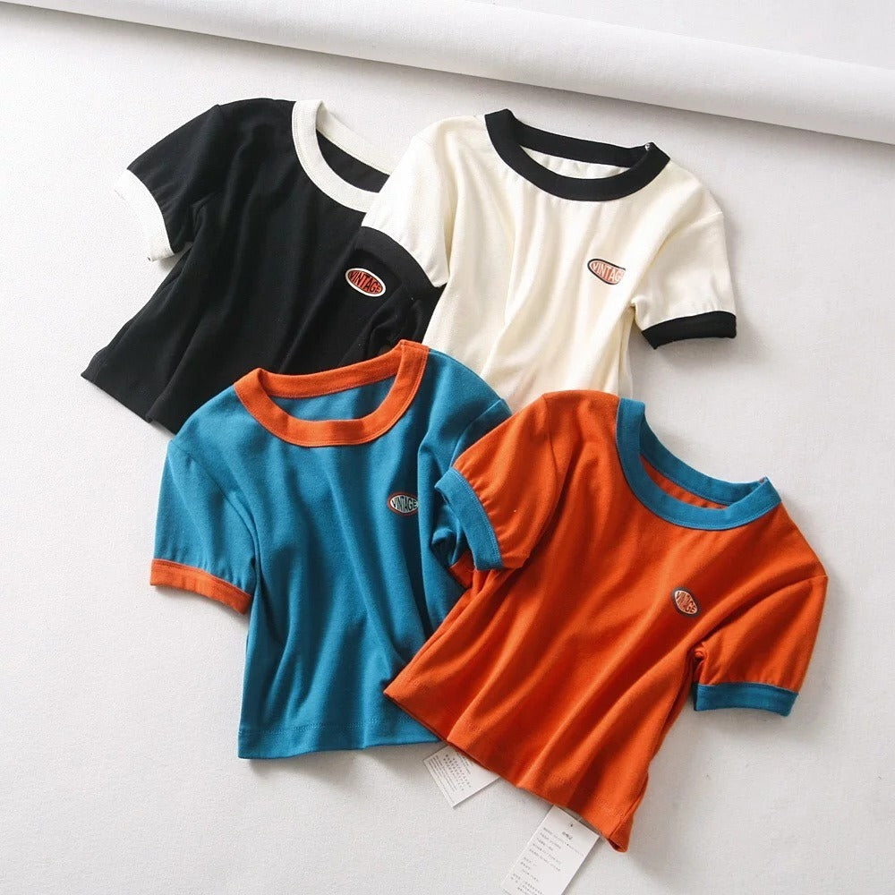 American Vintage Style Small Label Short Sleeve Womens Fashion New High Round Neck Leaky Umbilical T Shirt Spicy Girl Top