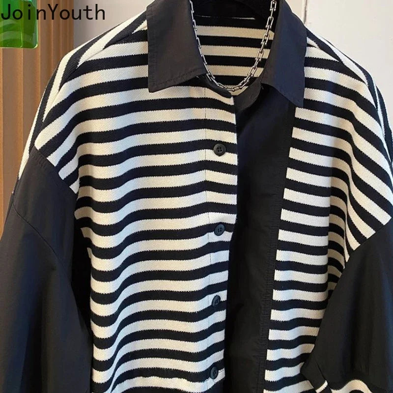 Women Clothing Patchwork Fake Two Sweatshirts Contrast Color Striped Casual Y2k Tops Fashion Korean Oversized Hoodies