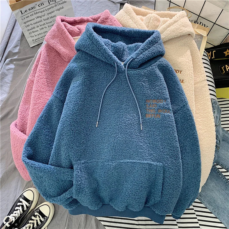 Loose Pocket Hoodies Women's Fleece Flannel Pullover Female Sweatshirt