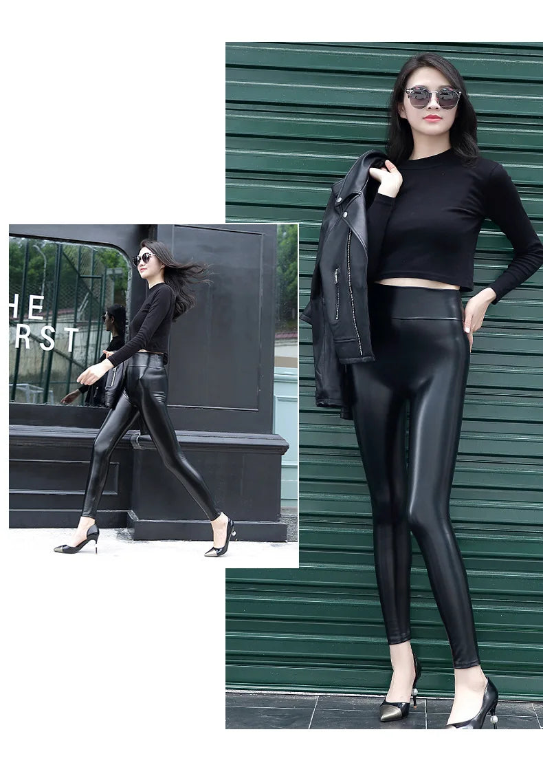 Everbellus High Waist Leather Leggings for Women Black Light&Matt Thin&Thick Femme Fitness PU Leggings Sexy Push Up Slim Pants