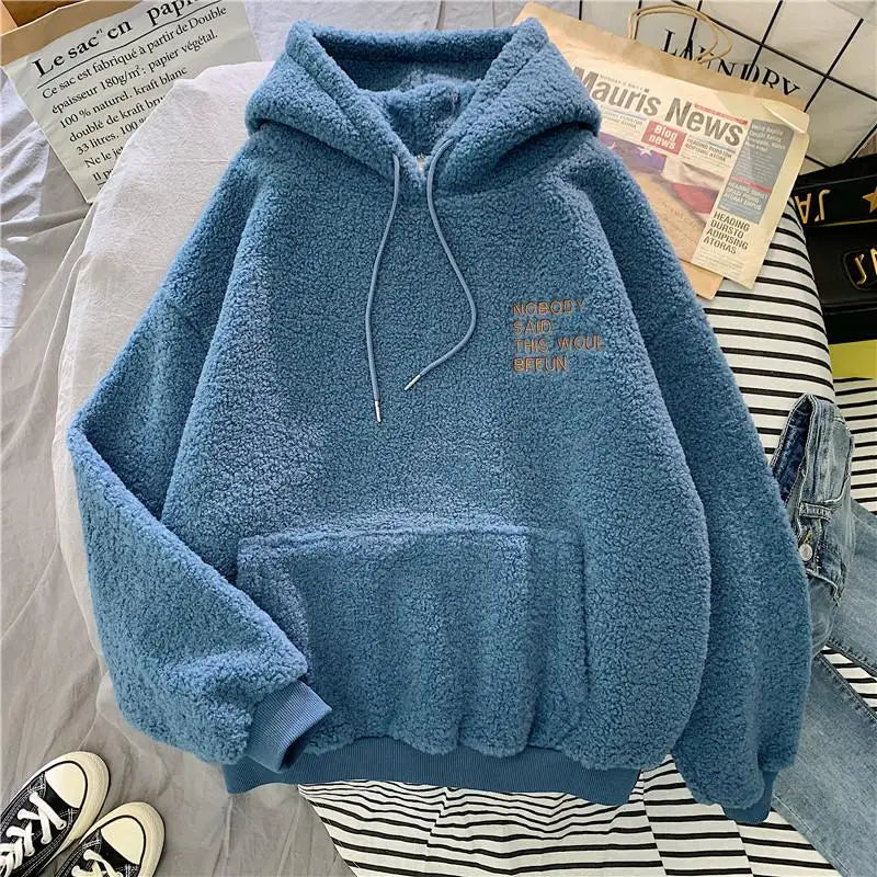 Loose Pocket Hoodies Women's Fleece Flannel Pullover Female Sweatshirt