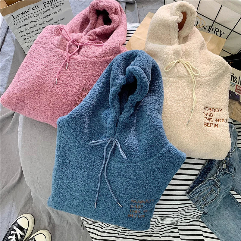 Loose Pocket Hoodies Women's Fleece Flannel Pullover Female Sweatshirt