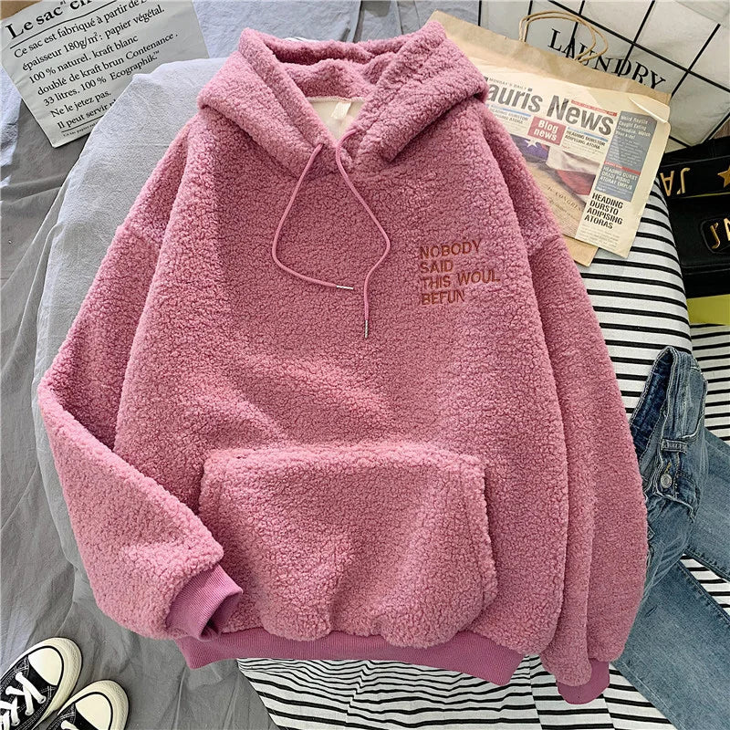 Loose Pocket Hoodies Women's Fleece Flannel Pullover Female Sweatshirt