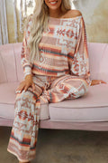 Multicolor Aztec Print Puff Sleeve Pullover and Pants Lounge Outfit