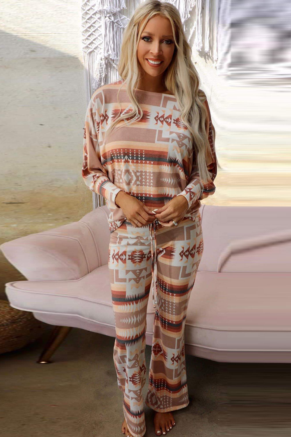 Multicolor Aztec Print Puff Sleeve Pullover and Pants Lounge Outfit