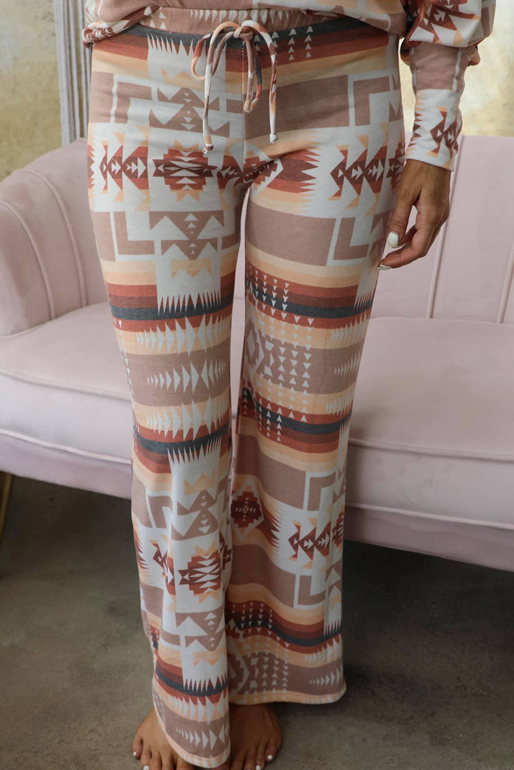Multicolor Aztec Print Puff Sleeve Pullover and Pants Lounge Outfit